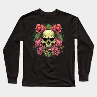 Evil Skull with Roses and Green Leaves Long Sleeve T-Shirt